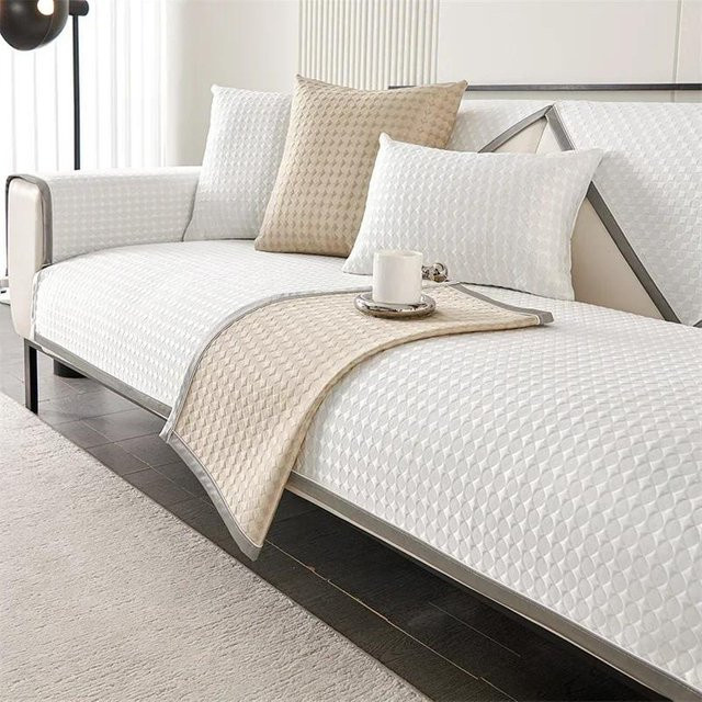 Rutschfester Jacquard Sofabezug in Weiß mit Karomuster aus Seiden-Eis-Seide, Universal Überwurf für Eckcouch, Armlehne und Rückenlehne, B/T/H: 70 x 70 x 0 cm - Bild 1