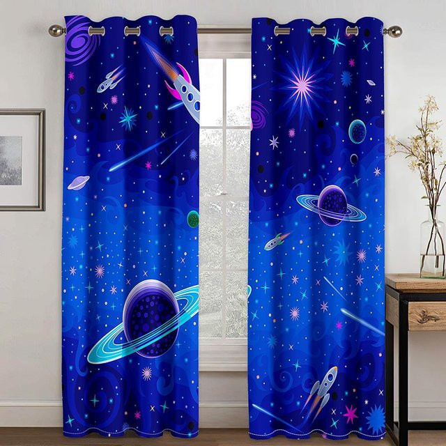 Yiran Furniture Galaxy Universe Star Vorhang Set aus Polyester, Blau, 2er-Pack, Halbverdunkelung, B: 50 cm, H: 130 cm - Bild 1