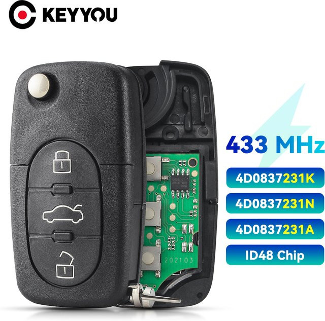 KEYYOU Auto Schlüssel Fernbedienung für Audi A3 A4 A6 A8 TT mit 2 Tasten Flip Klappfunktion, 433 MHz, ID48 Chip, Farbe: Schwarz, Teilenummer: 4D0837231R - Bild 1