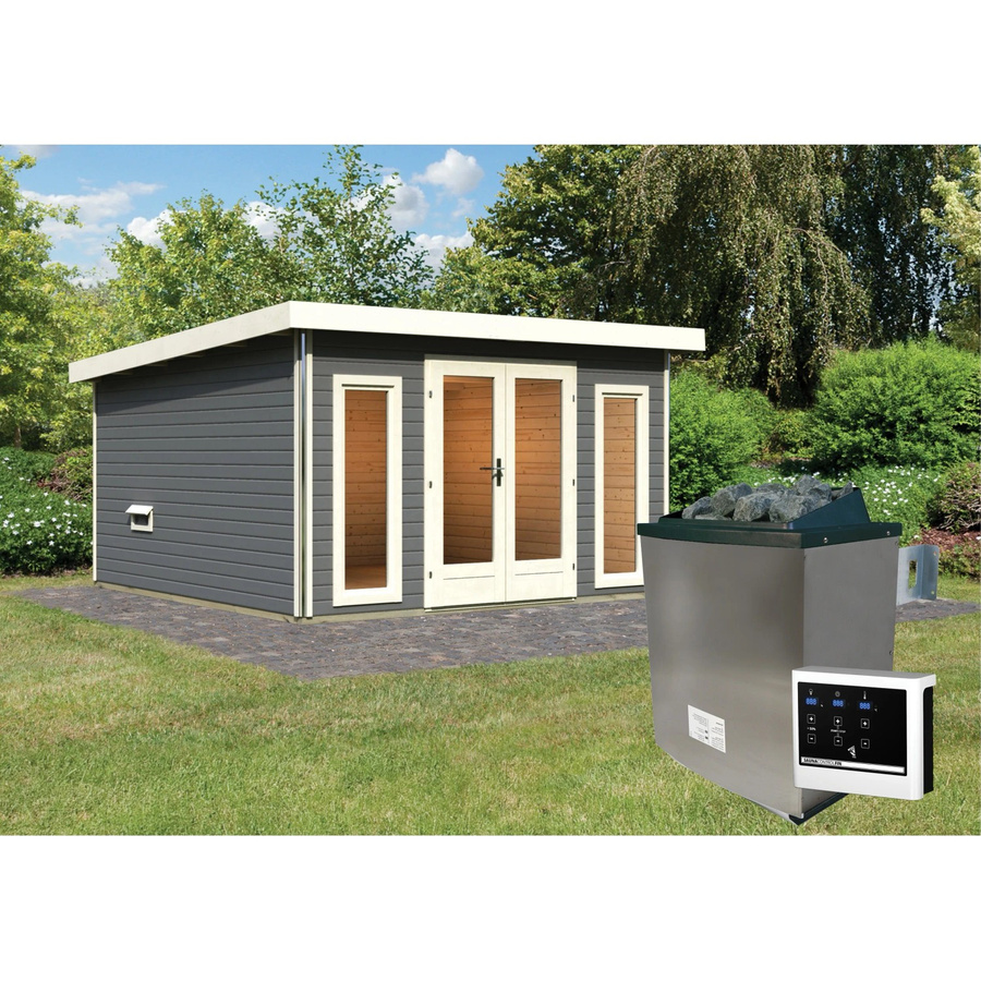 Karibu Saunahaus Magnus 3 Set B aus nordischer Fichte in Terragrau inklusive 9 kW Ofen und externer Steuerung - Bild 2