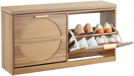 VEVOR Schuhregalbank mit Kissen und Rattantüren in Braun, B/T/H: 98,8 x 24,0 x 50,0 cm - Bild 1