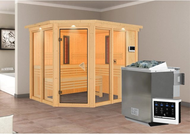 Karibu Infrarotkabine Anka mit Bio-Ofen, 2 Infrarotstrahler und LED-Dachkranz in Natur Braun - Bild 1