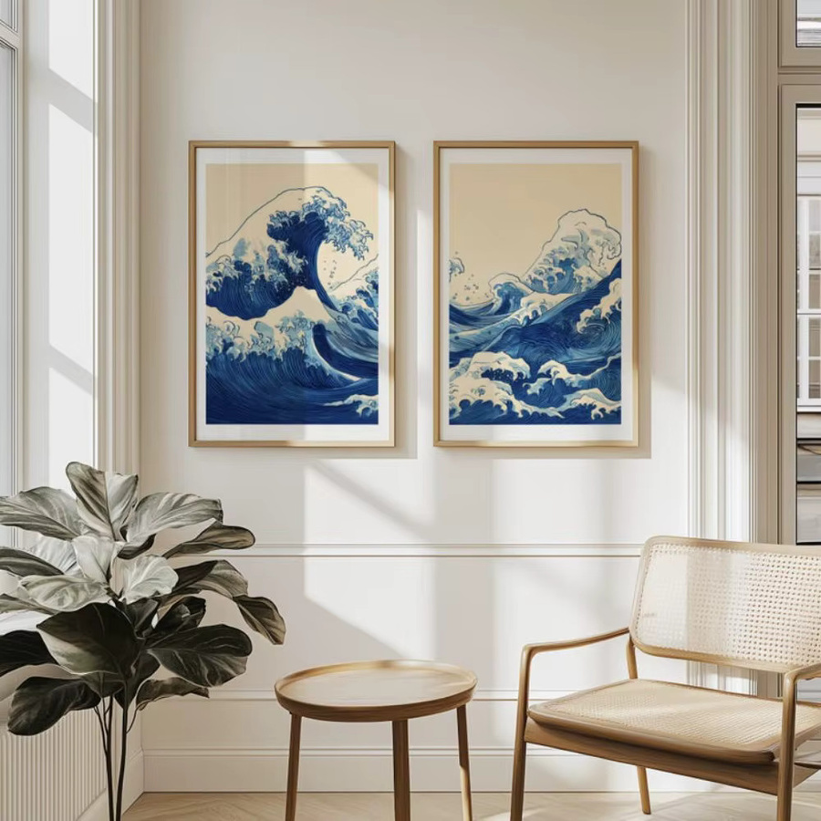2-teiliges rahmenloses Retro-Wandkunst-Set von HALFLEMART mit japanischen Wellen und blauer Meeresküsten-Dekoration als grafisches Papierposter - Bild 3