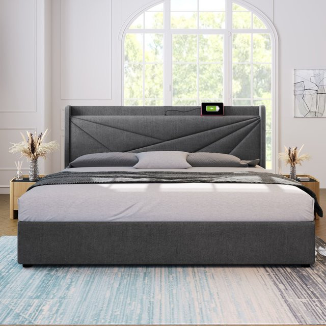 Aosom Doppelbett mit Bettkasten und USB-Typ-C-Ladefunktion in Grau, modernes Polsterbett mit integrierter Leselampe und Stauraum, B/T/H: 140 x 200 x 107 cm (Höhe: 146 cm, Gesamthöhe: 208 cm) - Bild 1