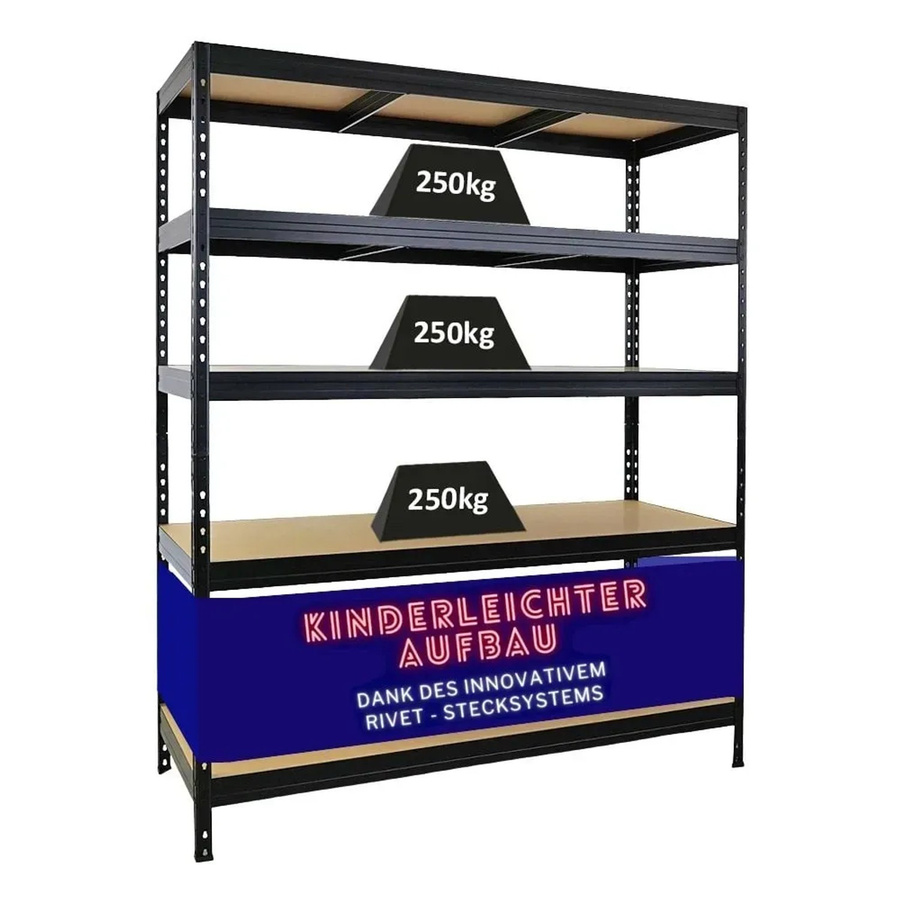 PROREGAL Schwerlastregal Rivet mit Stecksystem in Schwarz, H x B x T: 180 x 150 x 60 cm - Bild 2