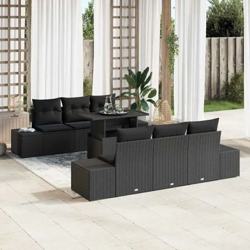 Vidaxl Garten-Sofa-Set aus Polyrattan mit 7-teiligen Kissen in Schwarz, Modernes Loungemöbel-Set, B/T/H: 100 x 55 x 73 cm - Bild 1