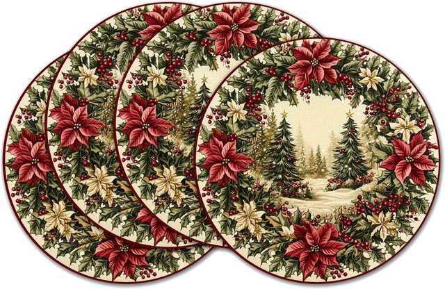 VIKAMA 4-teiliges Set Weihnachtsmatten mit Stechpalmen, Beeren und Kiefernwald in Mehrfarbig - Bild 1