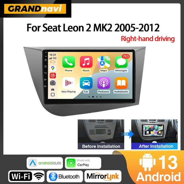 Grandnavi Android 14 Auto Radio für Seat Leon 2 MK2 2005-2012, 9 Zoll 2Din Stereo Kopf Einheit mit Wireless Carplay, Android Auto, GPS und WIFI in Schwarz - Bild 1