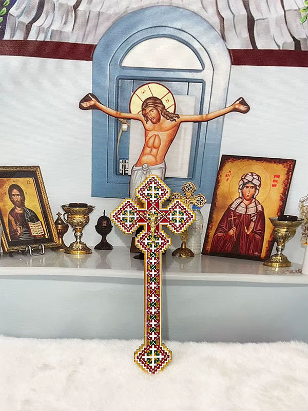 Doppelseitiges orthodoxes Segenskreuz mit Jesus als christliche Dekoration aus Zinklegierung in Gold und Mehrfarbig - Bild 2