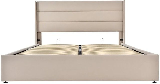 KOMHTOM Polsterbett mit Stauraum und hydraulischem Lift-up-System, Leinenbezug, B/T/H: 140 x 200 cm, Farbe: Beige - Bild 1