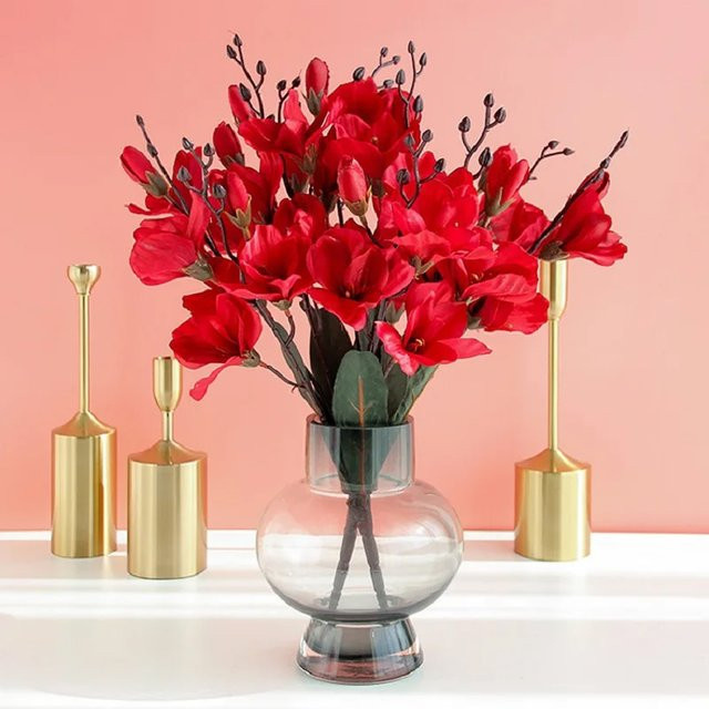Uflower Künstlicher Magnolien-Orchideen-Strauß aus Seidenblumen in Rot und Lila, Höhe: 43 cm, ideale Tischdekoration für Hochzeit, Party und Fotografie - Bild 1