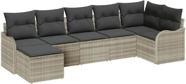 vidaXL Garten-Sofa-Set 7-teilig in L-Form aus Poly-Rattan mit Kissen und Ottoman, Hellgrau - Bild 1