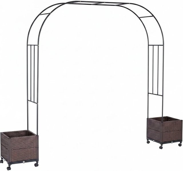 Relaxdays Rosenbogen aus Stahl und Polyrattan in Schwarz und Braun mit 2 Pflanzkübeln und Wasserspeicher, B/H/T: 210 x 282 x 40 cm - Bild 1