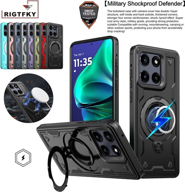 Stoßfeste Panzer-Handyhülle für Motorola Moto G13 G23 G53 Edge 60 Pro G Power Play 5G mit magnetischem Ständer und Ring-Schutz in Schwarz und Grau - Bild 1