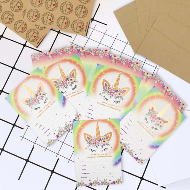 10-teiliges Einhorn-Party-Einladungsset mit Regenbogen-Karten, Umschlägen und Aufklebern in Multicolor aus Papier - Bild 1