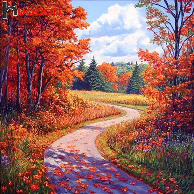 Huacan Diamantmalerei Herbst Landschaft mit Ahorn und Waldweg als 5D DIY Rundes Mosaik Kunstwerk für deine Wanddekoration in Mehrfarbig - Bild 1