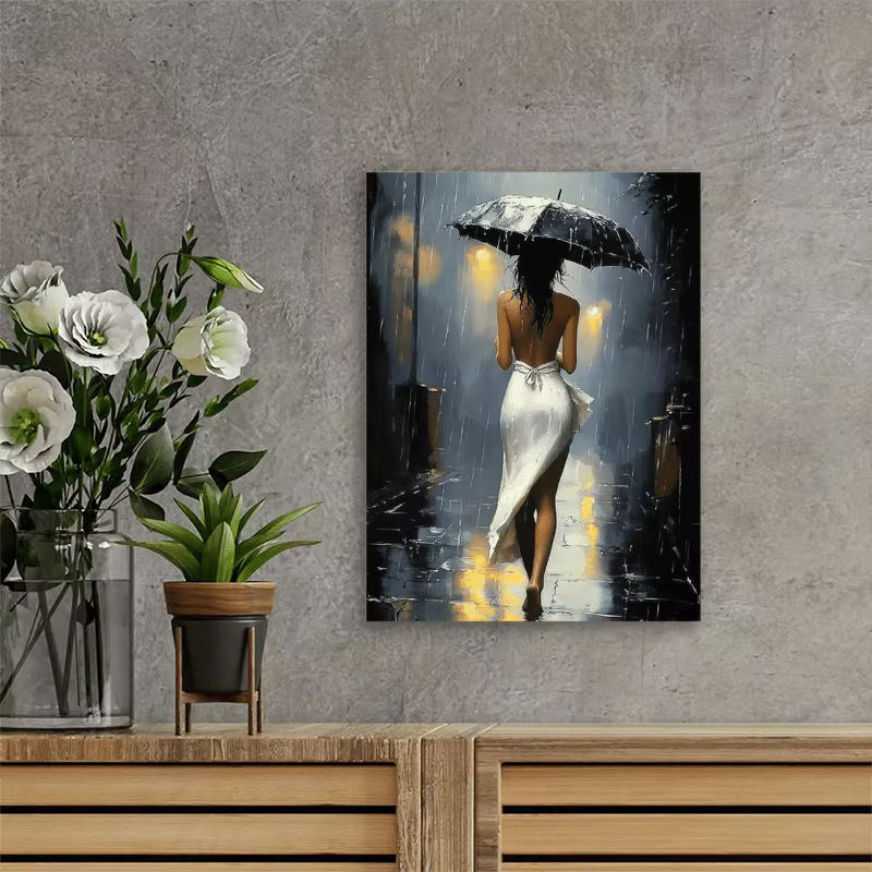 Potdemiel Leinwandkunst Romantische Regennacht mit Rahmen, mehrfarbige Stadt-Straßenszene als Wanddekoration im Hochformat - Bild 4