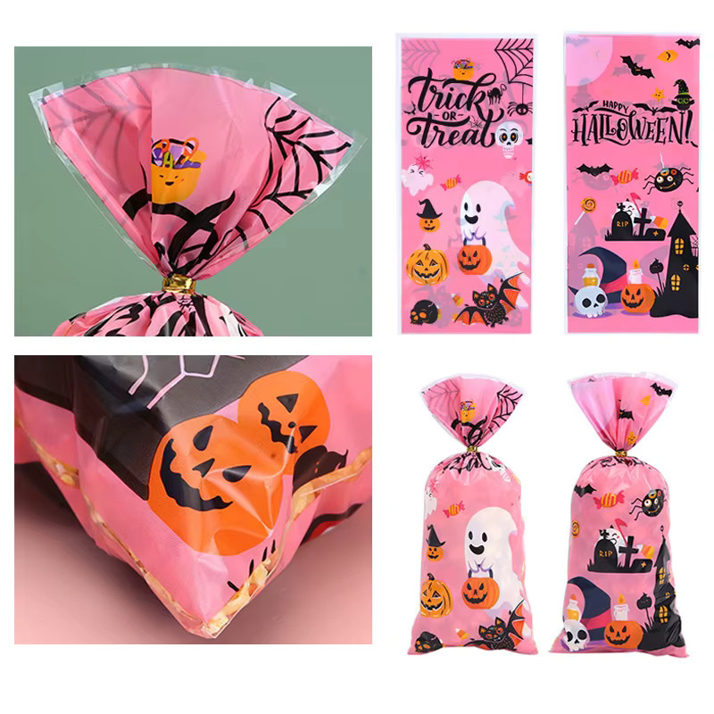 ZYF Halloween Süßigkeiten Taschen mit Reißverschluss in Rosa, Set mit 50 oder 100 Stück, Motiv Geist und Kürbis für Geschenke und Kekse - Bild 4