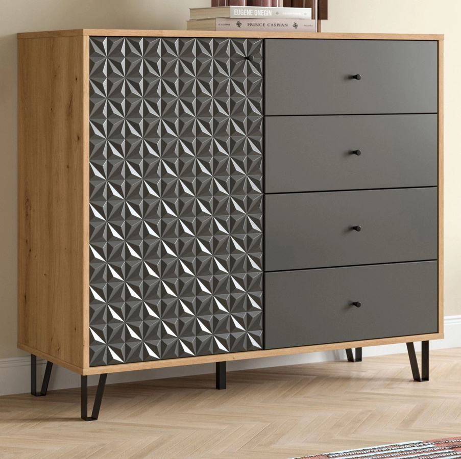 Kommode Relief in Grau und Eiche, Breite: 110 cm - Bild 1