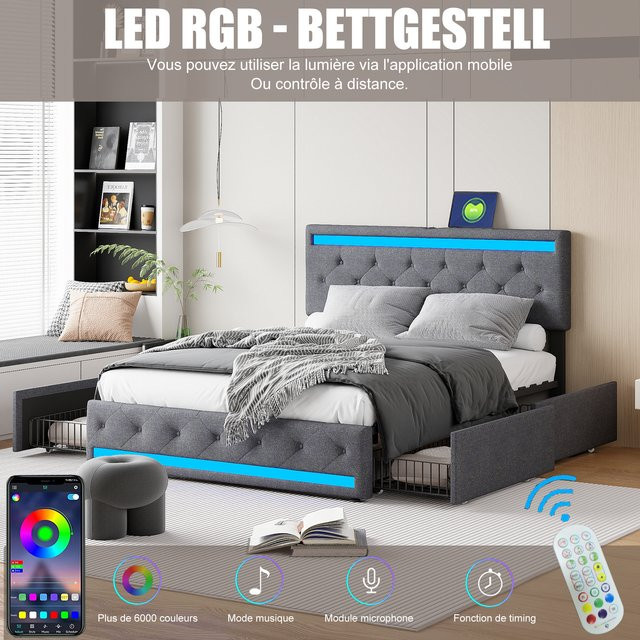Anajqaqia Doppelbett aus Leinenstoff mit 4 Schubladen, LED-Beleuchtung und USB-Ladefunktion, Grau, B/T: 140 x 190 cm - Bild 1