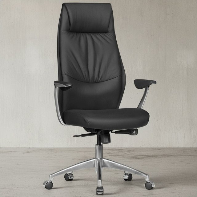 KADIMA DESIGN Bürostuhl aus Echtleder mit Synchronmechanik, Kopfstütze und Aluminium Armlehnen, Schwarz, B/T/H: 67 x 58 x 125 cm - Bild 1