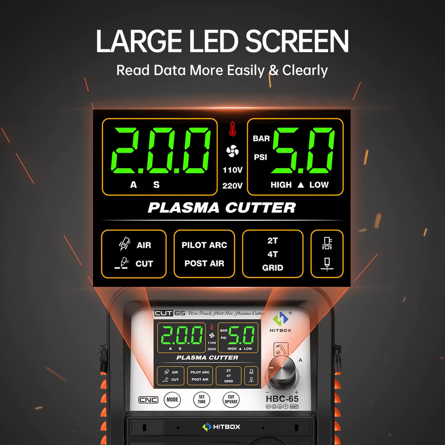 HITBOX Plasmaschneider HBC65 mit Nicht-HF Pilot ARC LED Digitalanzeige für Edelstahl, 65 A, Schnittkapazität 1-25 mm, NonTouch 2T/4T Technologie - Bild 2