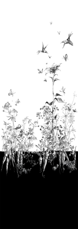 Edmond Petit Tapete Tournesol droit mit floralem Design in Weiß und Schwarz aus Vlies - Bild 1