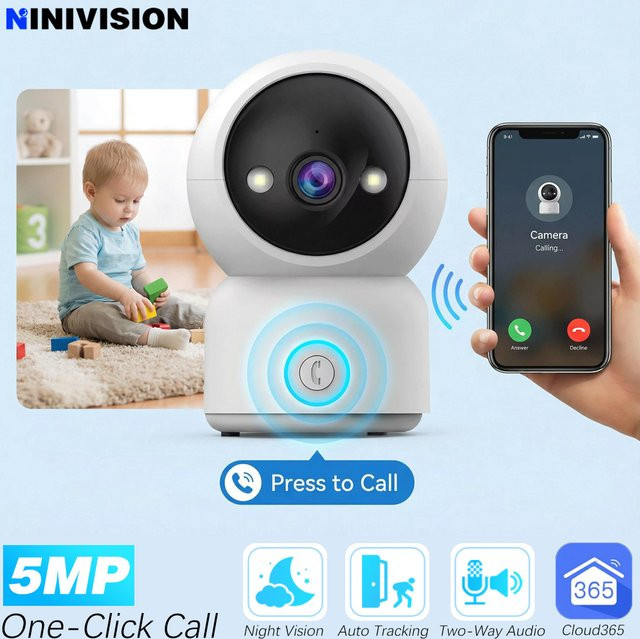 NINIVISION 5MP Video-PTZ-Kamera in Weiß mit Ein-Klick-Anruftaste, automatischer Verfolgung und Farbnachtsicht für Heimsicherheit und Babymonitor - Bild 1