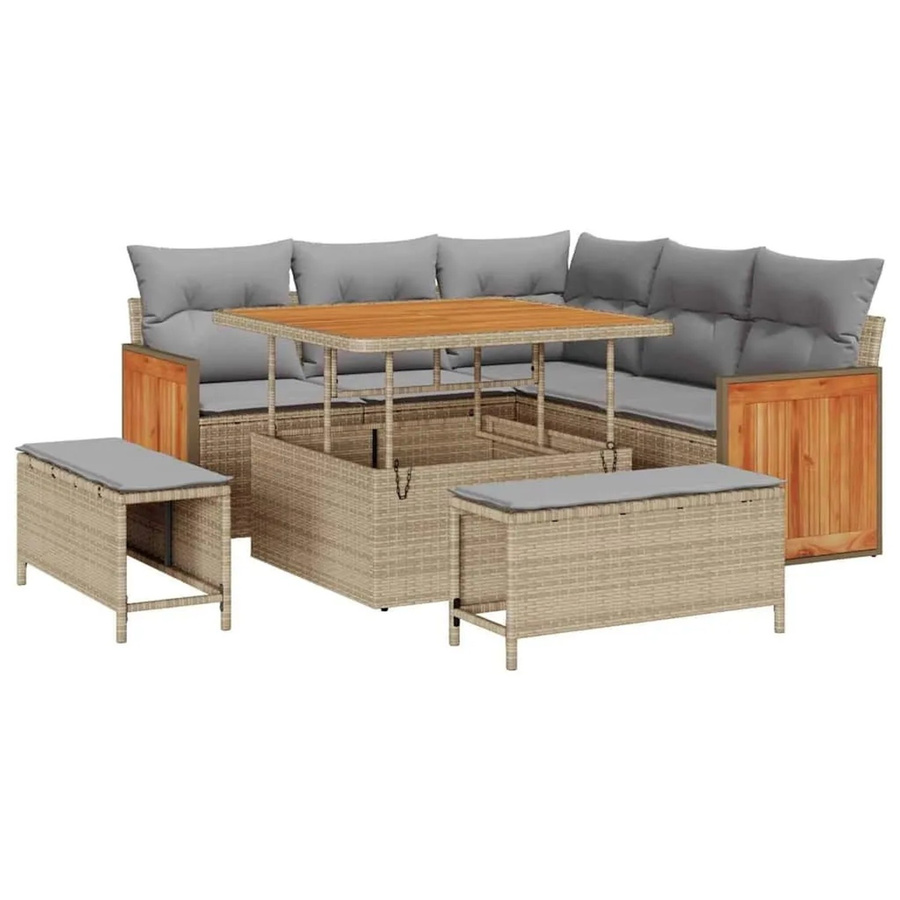 vidaXL Gartensofa-Set aus Poly-Rattan in L-Form mit 9 Kissen in Beige und Hellgrau inklusive Ottoman und Couchtisch - Bild 2