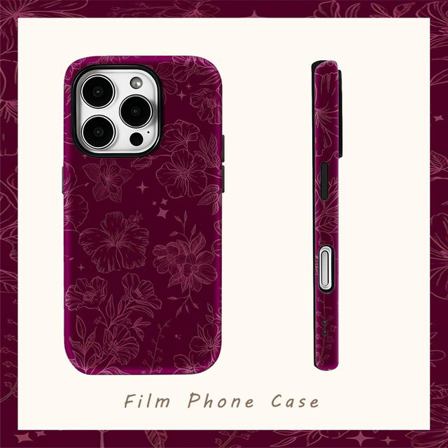 Potdemiel iPhone Hülle Burgundy Blooms Doppelschichtige Rückabdeckung in Rot und Lila für iPhone 18/17/16/15/14/13/12/11 Pro Max Plus - Bild 1