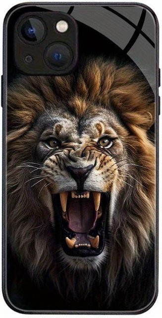 Stoßfeste iPhone 14 Plus Handyhülle aus gehärtetem Glas mit Löwenmuster in Multicolour - Bild 1