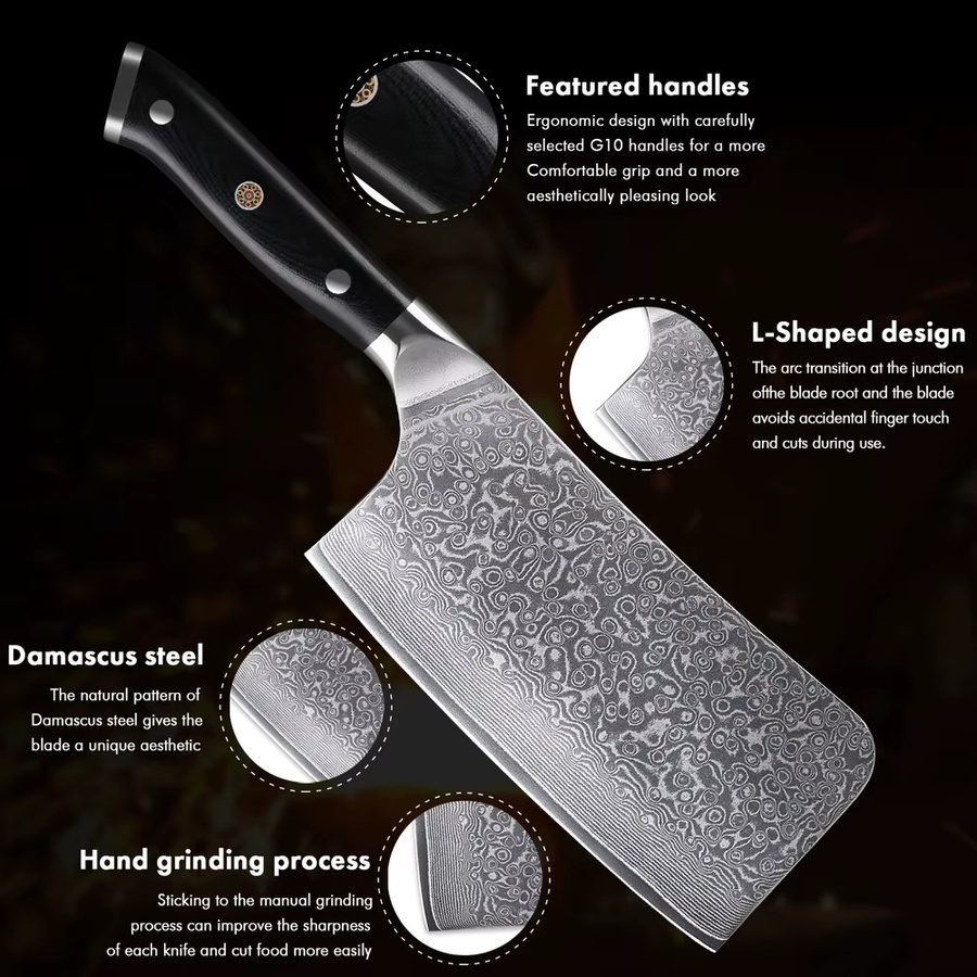 TURWHO Knochenzerkleinerermesser aus 67-lagigem japanischem SKD11-Damaststahl mit G10-Griff, 16,5 cm Cleaver - Bild 4