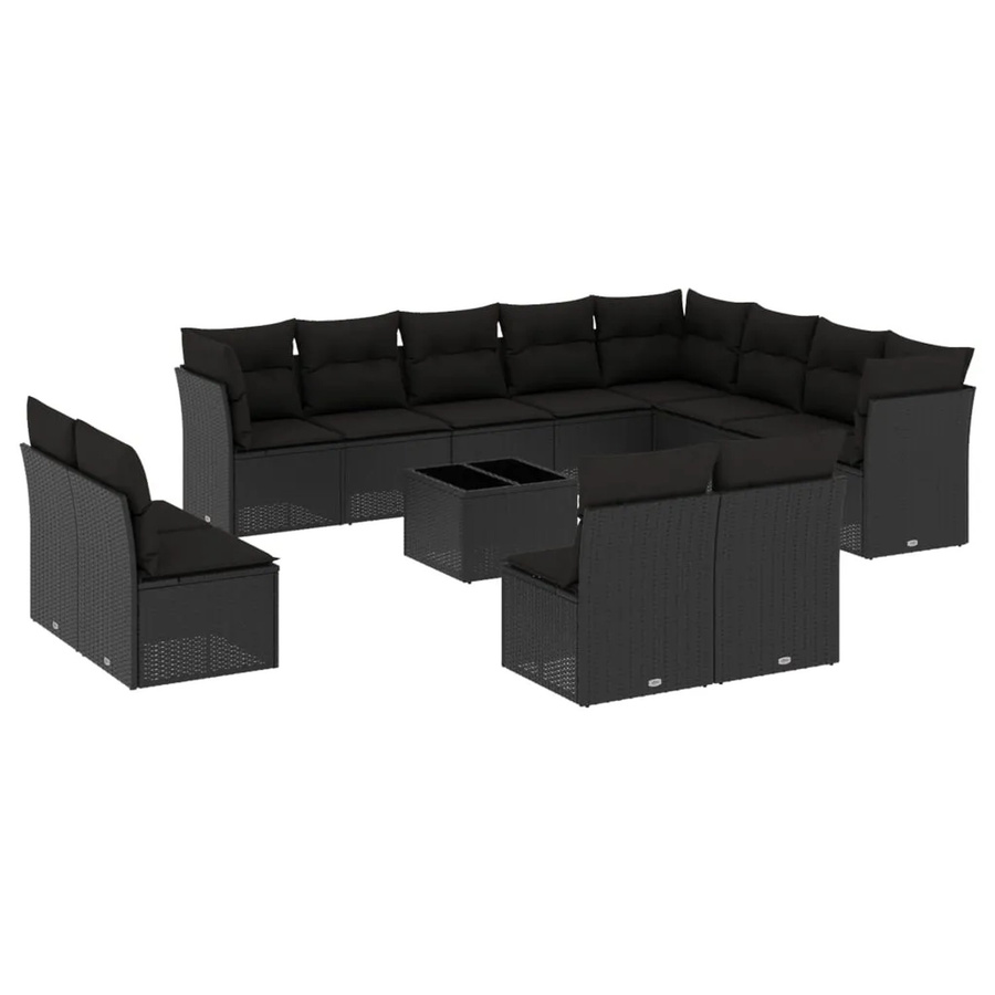vidaXL 13-tlg Garten-Sofagarnitur aus Polyrattan mit Kissen und Glastisch in Schwarz - Bild 2