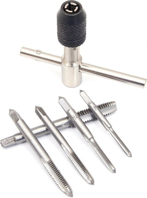 Binoax 6er Set metrische Gewindebohrer mit T-Schraubenschlüssel in Silber, M3 M4 M5 M6 M8 - Bild 1