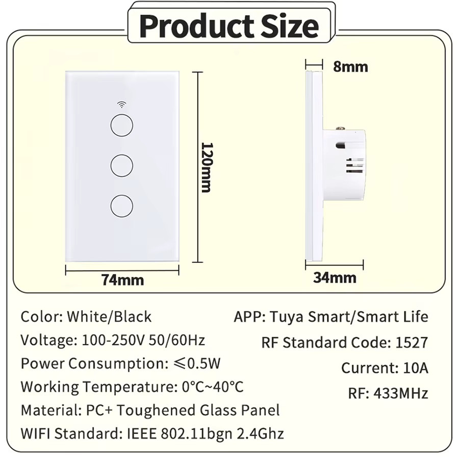 Tuya Smart Switch Wifi Touch-Schalter mit 433MHz Fernbedienung und Sprachsteuerung für Alexa und Google Home ohne Neutralleiter - Bild 2