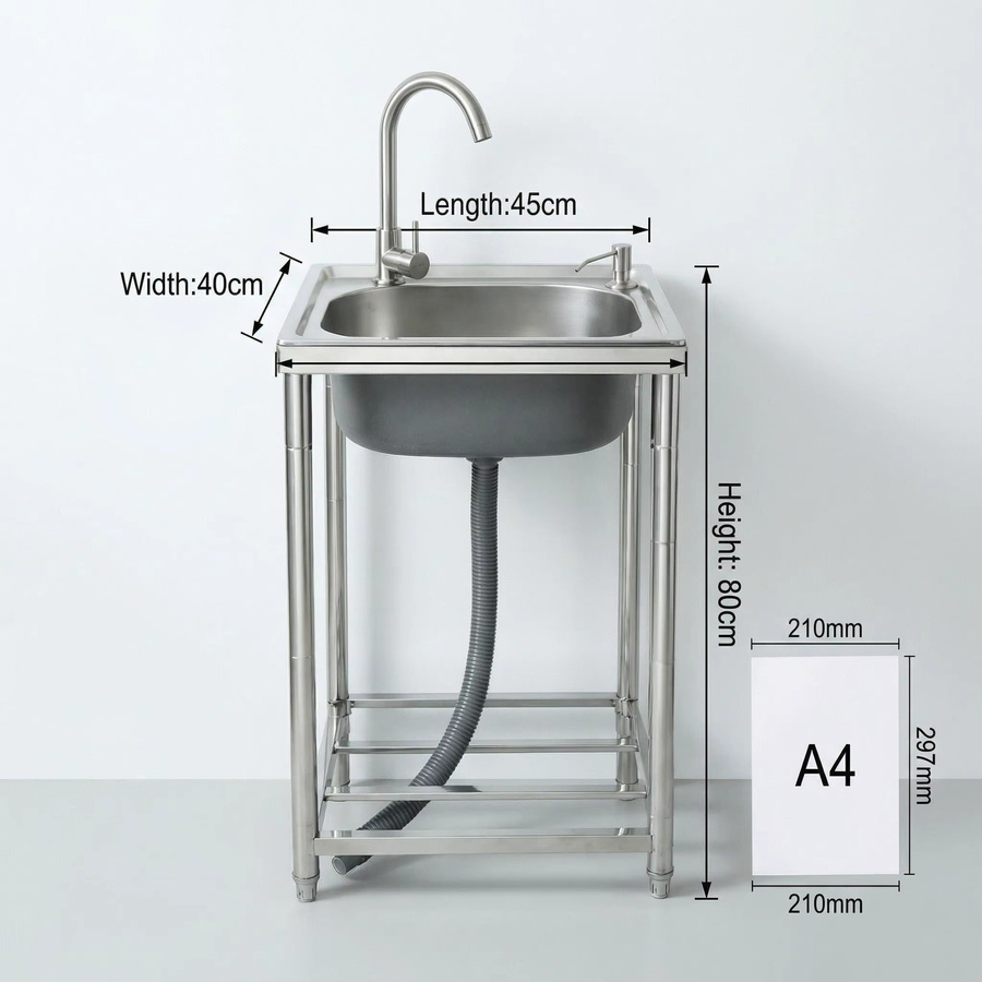 SUFAPRE Multifunktionale freistehende Edelstahl-Spüle in Silber mit Einhand-Warm-Kalt-Wasserhahn, integriertem Abfluss und komplettem Rohrleitungsset, B/T/H: 80,0 x 40,0 cm - Bild 2