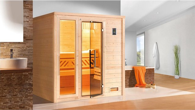 WEKA Massivholzsauna Bergen 2 in Beige mit 2 Sparsets, 7,5 kW BioS Heizung und Glastür, B/H/T: 198 x 203,5 x 198 cm - Bild 1