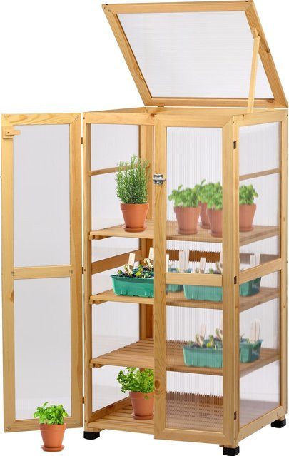 Dobar Großer Anzuchtschrank Dome Indoor Gewächshaus aus Kiefernholz mit Polycarbonat, Farbe: Natur - Bild 1