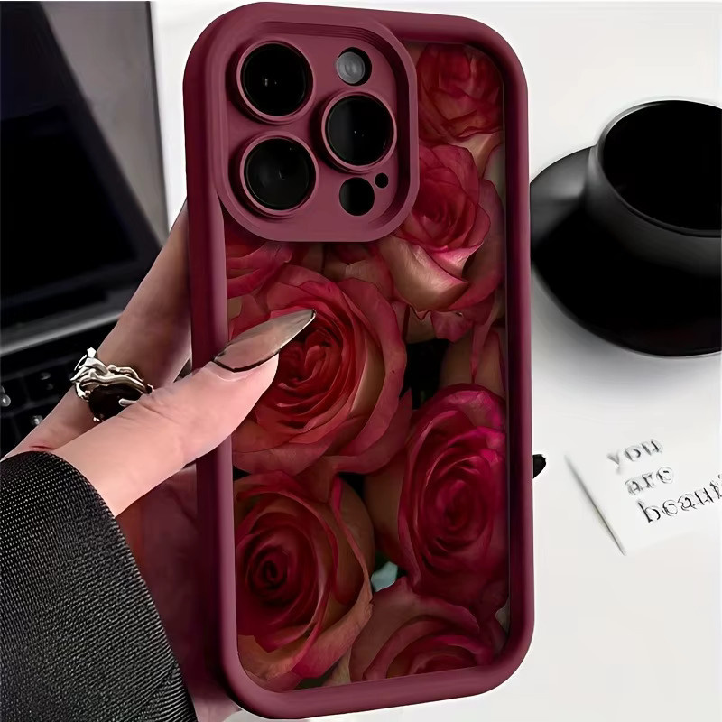 Apple iPhone Handyhülle mit rotem Blumenmuster und High-Edge TPU Anti-Drop Schutz - Bild 2