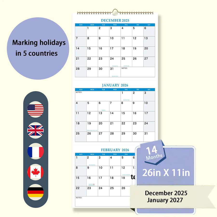 Wandkalender 2026 mit vertikalem 3-Monats-Display für deine Tagesplanung und monatliche Organisation in Weiß - Bild 2
