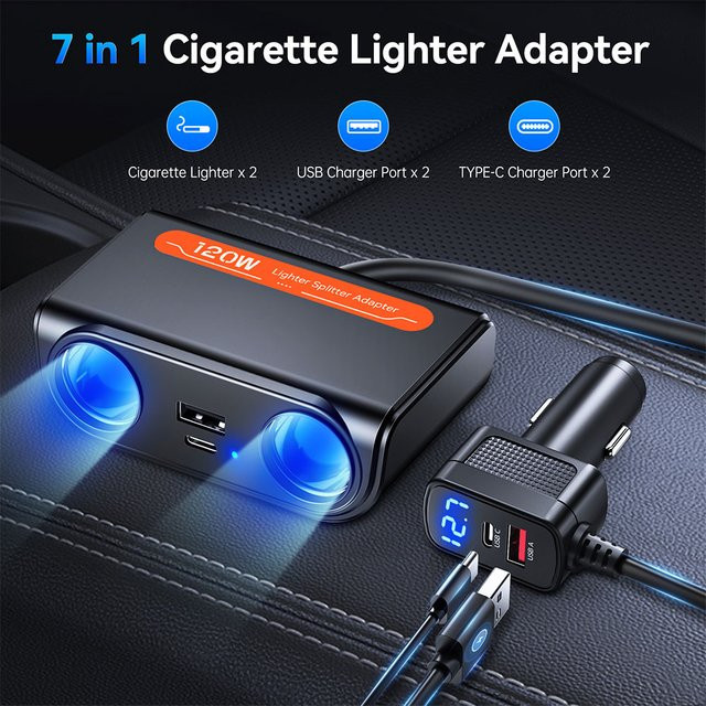 WSDCAM USB Steckdose für Auto mit LED Display und Schnellladung, 120 W, 12 V/24 V DC, Schwarz - Bild 1