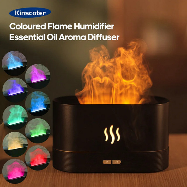 KINSCOTER Aroma Diffusor und Ultraschall Luftbefeuchter mit Flammen-Effekt und LED, Schwarz - Bild 1