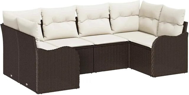 vidaXL Garten-Sofa-Set aus Polyrattan in L-Form, 6-teilig, Braun und Weiß mit Kissen - Bild 1
