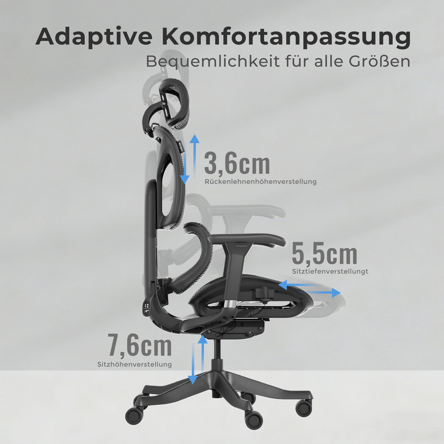 WELAX S9 ergonomischer Bürostuhl in Schwarz mit Netzrücken, hoher Rückenlehne, Lendenwirbelstütze und 4-fach verstellbaren Armlehnen - Bild 3