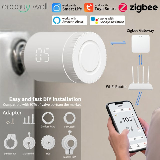 Tuya Zigbee 3.0 Smart Thermostatventil TRV mit App-Steuerung und Temperaturregelung, Weiß - Bild 1