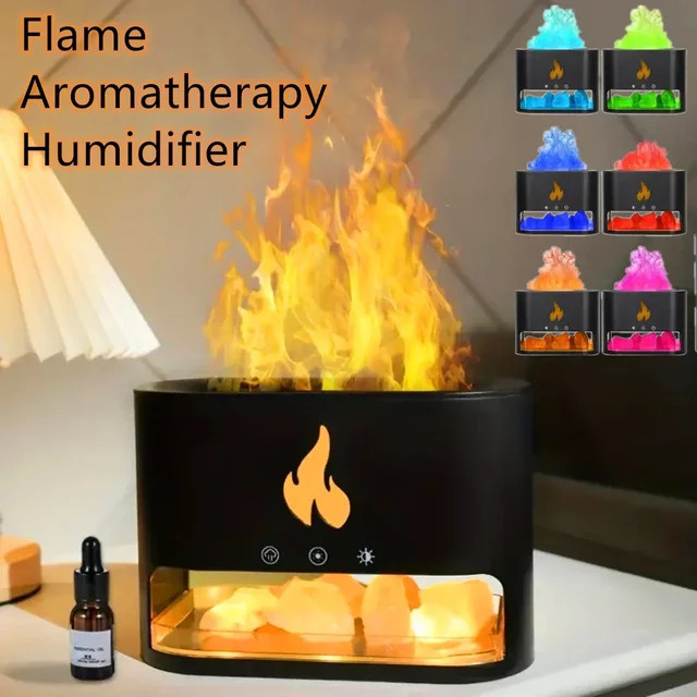 DUTRIEUX Luftbefeuchter und Aroma Diffusor mit Kristall Salz Stein in Schwarz als Kamin Flammen Lampe für dein Zuhause - Bild 1