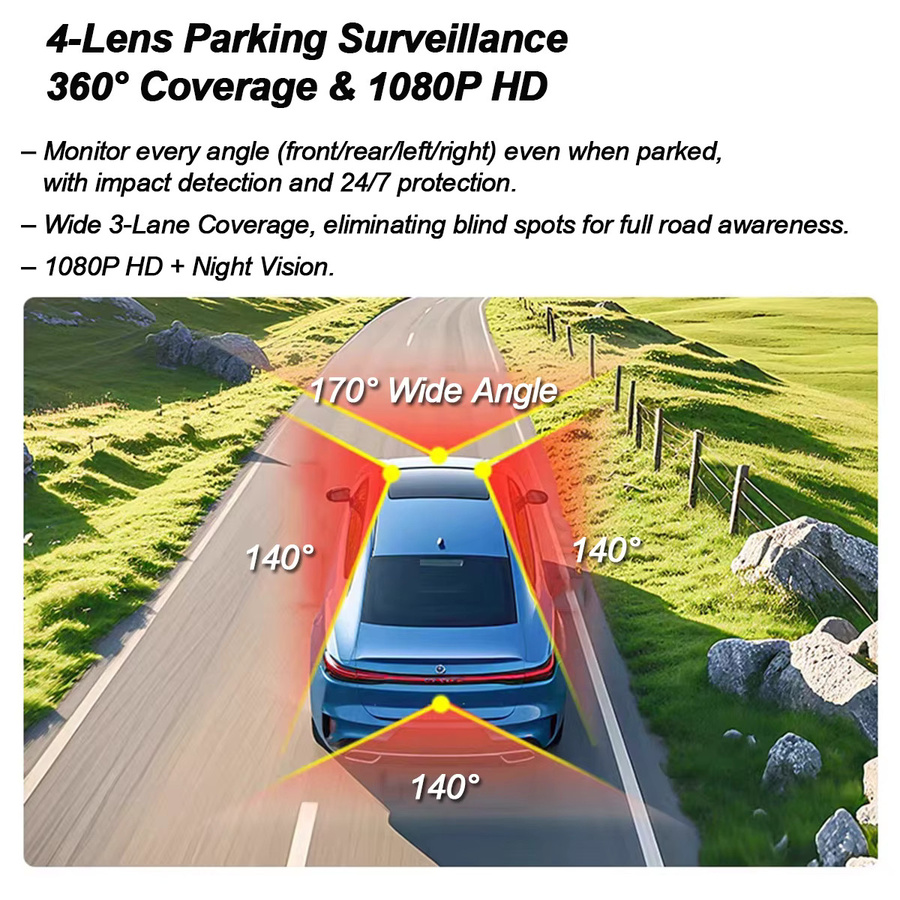 Etymoofox DashCam Auto-DVR-Videorecorder mit 4 Kanälen, 360 Grad WIFI und 24h Parkmonitor, Schwarz - Bild 4