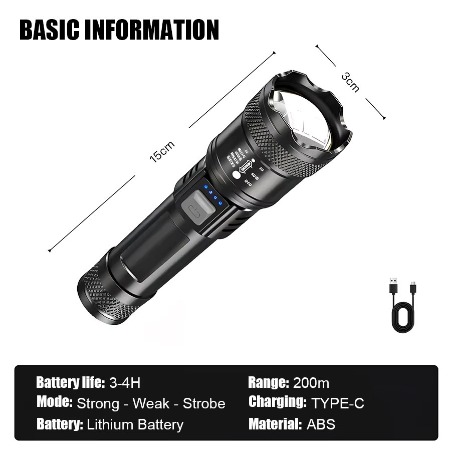 XIWANGFIRE Taktische LED-Taschenlampe in Schwarz, USB wiederaufladbar und wasserdicht - Bild 6