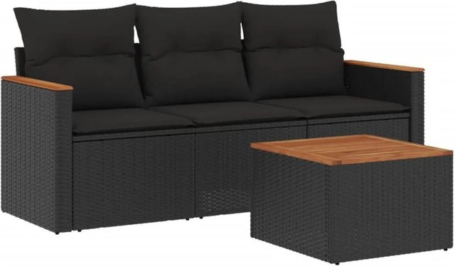 vidaXL 4-teilige Garten-Sofagarnitur in Schwarz mit Kissen aus Poly-Rattan und Metallrahmen - Bild 1