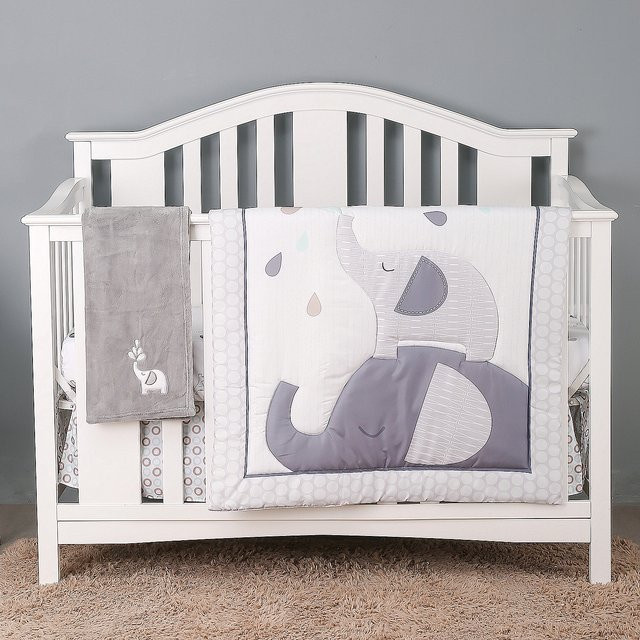 Baevellery 4-teiliges Babybettwäsche-Set mit Tiergrafik in Grau für Neugeborene und Kleinkinder inklusive Bettdecke, Spannbetttuch und Bettschutzrock - Bild 1